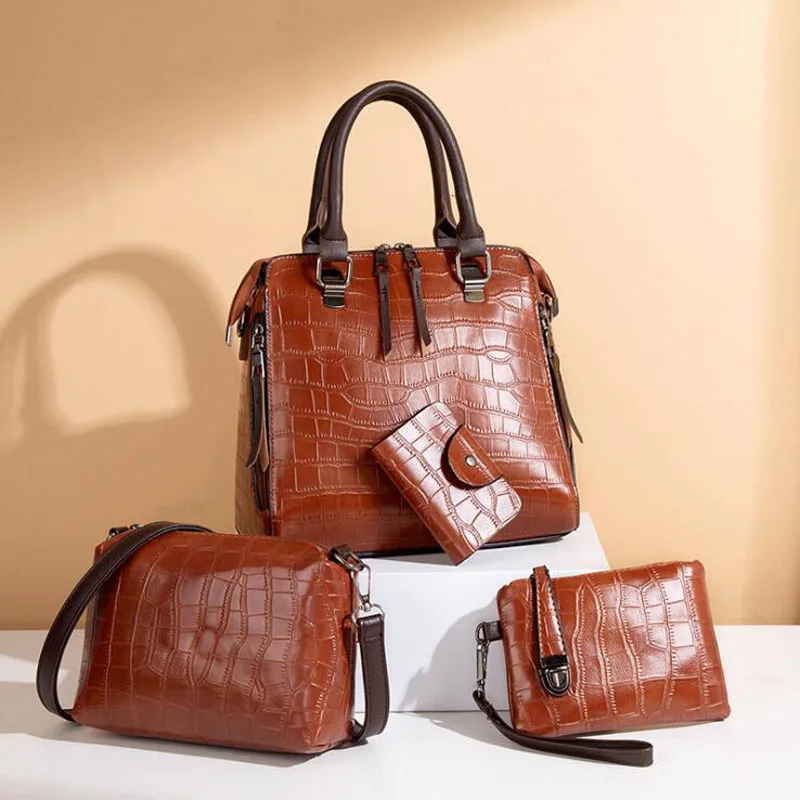 4Pcs Women Pattern Leather Handbag+Crossbody Bag+Messenger Bag+Card Package solid zipper Ladies Solid handbags set bolso mujer | Багаж и