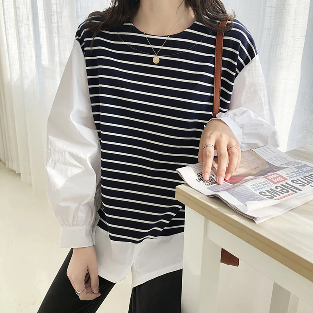 

Casual Fake Two Piece Tee Women Blouse Shirt 2020 Korean Janpan Spring Striped Loose Oversized Preppy Style Tops Pullover