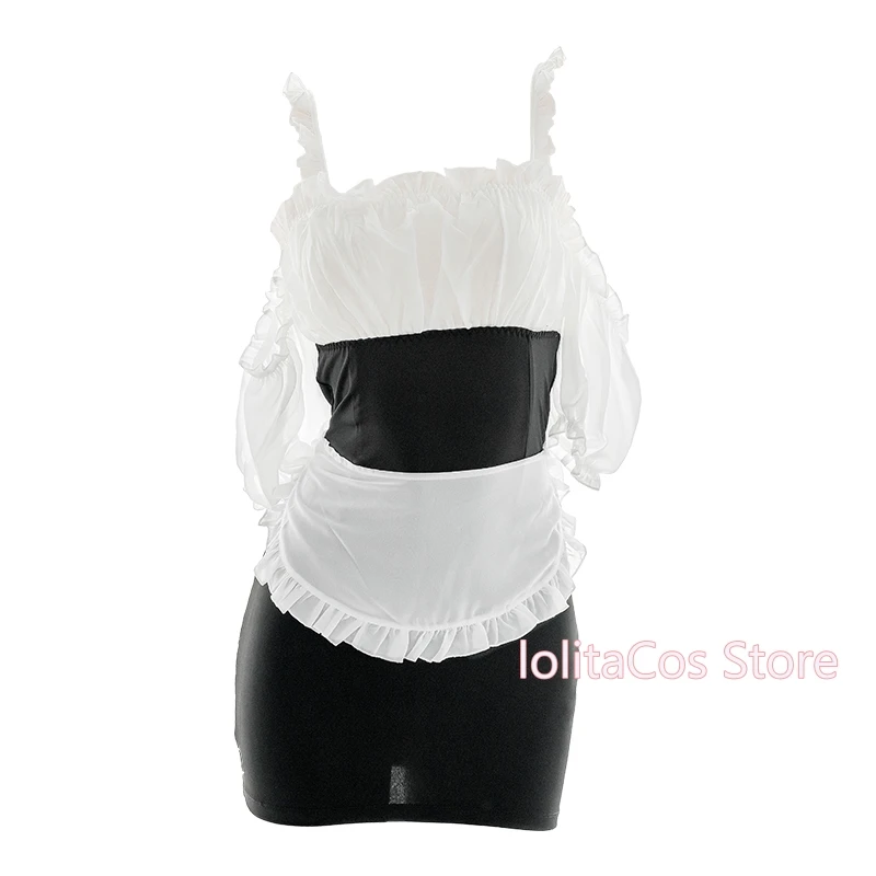 

Sweet Lolita Black White Sexy Girl Tight Dress Bandage Ruffle Apron Skirt Cosplay Cute Bubble Sleeve Maid Uniform Underwear Set