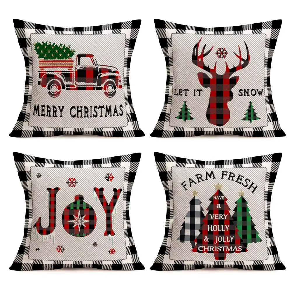 

Red truck black and white plaid linen pillowcase sofa cushion cover home decoration can be customized for you 40x40 50x50 60x60