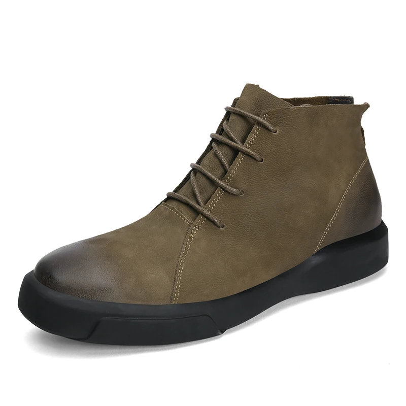 Beli Boot Chelsea Pria Musim Dingin Fashion Sepatu Bot Santai Pria Trendi Kulit Sapi Slip-On Cokelat Sepatu Kasual High Top Hitam