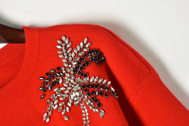 Womens Sweaters 2018 Winter Long Sleeve O-neck Coconut Tree with Beading Knit and Pullovers Red Black White Hem | Женская одежда