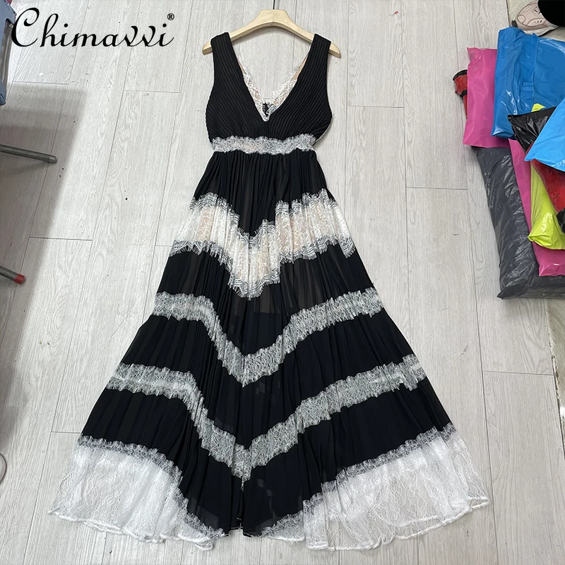 

Женское платье с V-образным вырезом, черное кружевное плиссированное платье-трапеция контрастных цветов в богемном стиле без рукавов, в сти...