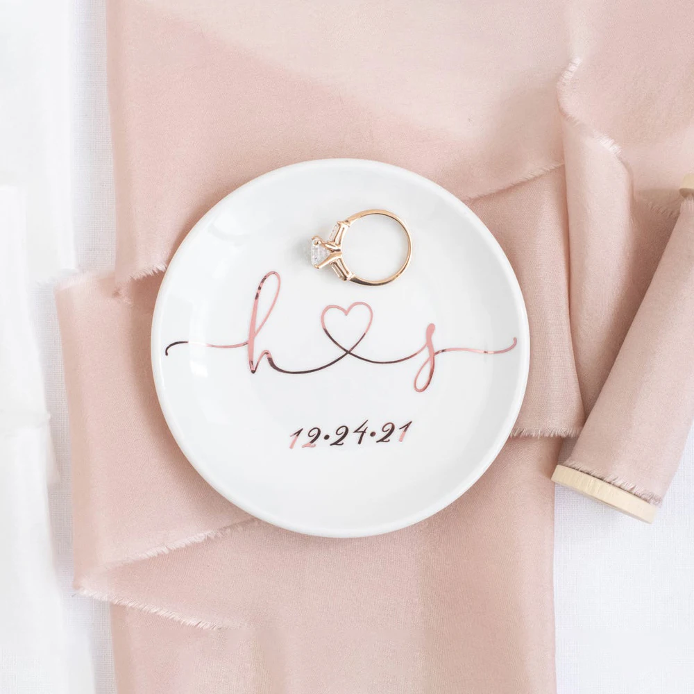 

Personalized Jewelry Dish Wedding Engagement Ring Holder,Custom Initials and Date,Wedding Gift for Couple Bride