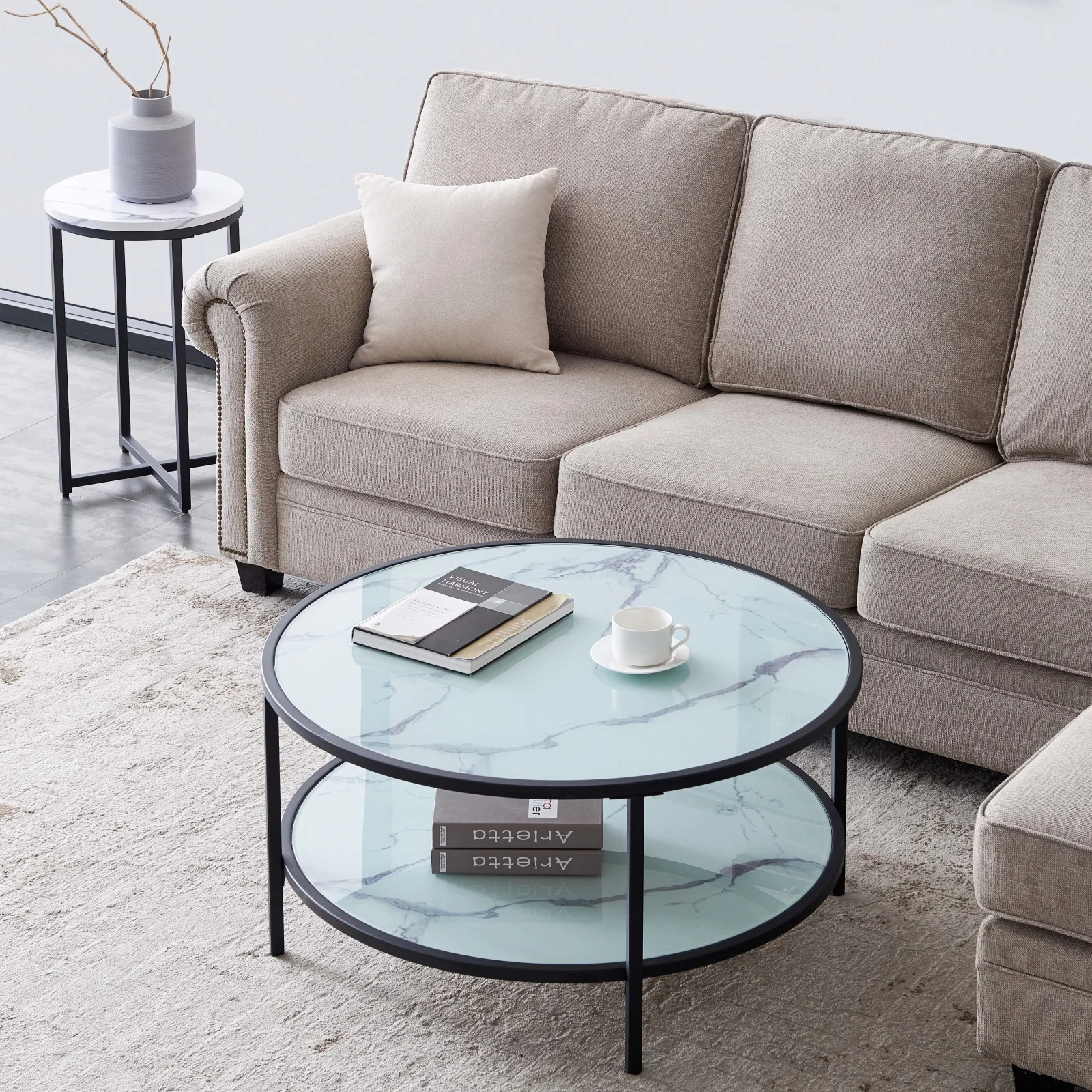 

Glass Coffee Table with Large Storage Space Black Metal Frame Rust Resistant Side Table Round Sofa Table Living Room Furniture
