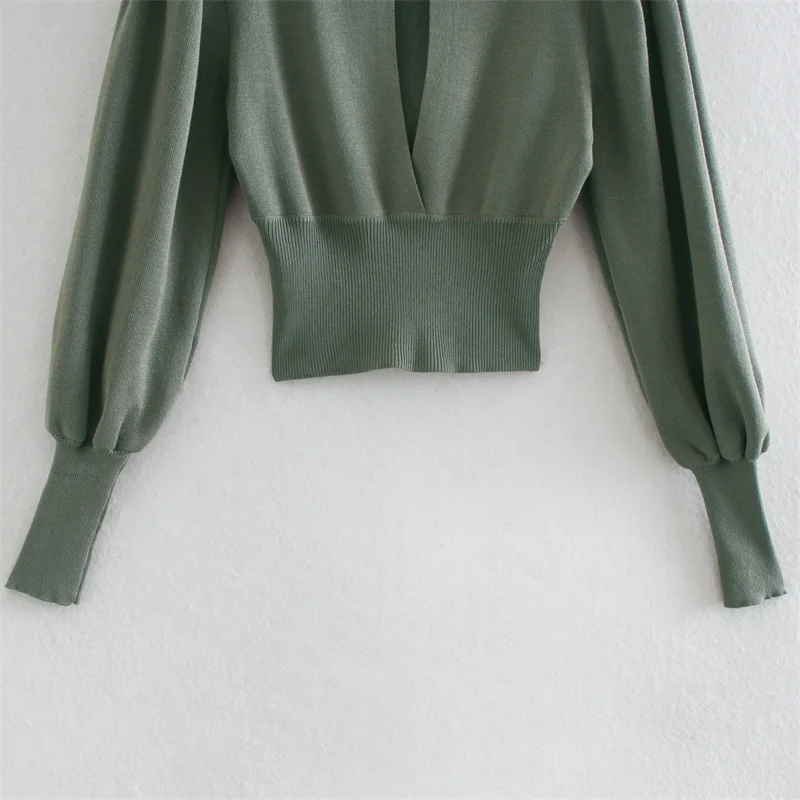 

ZXQJ Women 2021 Fashion With Open Chest Ribbed Trims Knitted Sweater Vintage O-Neck Long Sleeve Female Pullovers Chic Tops