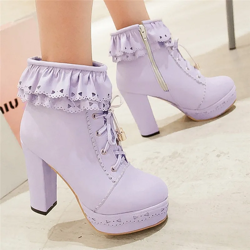 Botas Mujer/модные зимние ботильоны в стиле Лолиты на очень высоком каблуке с круглым носком и шнуровкой женские кожаные ботинки в стиле ретро;#5