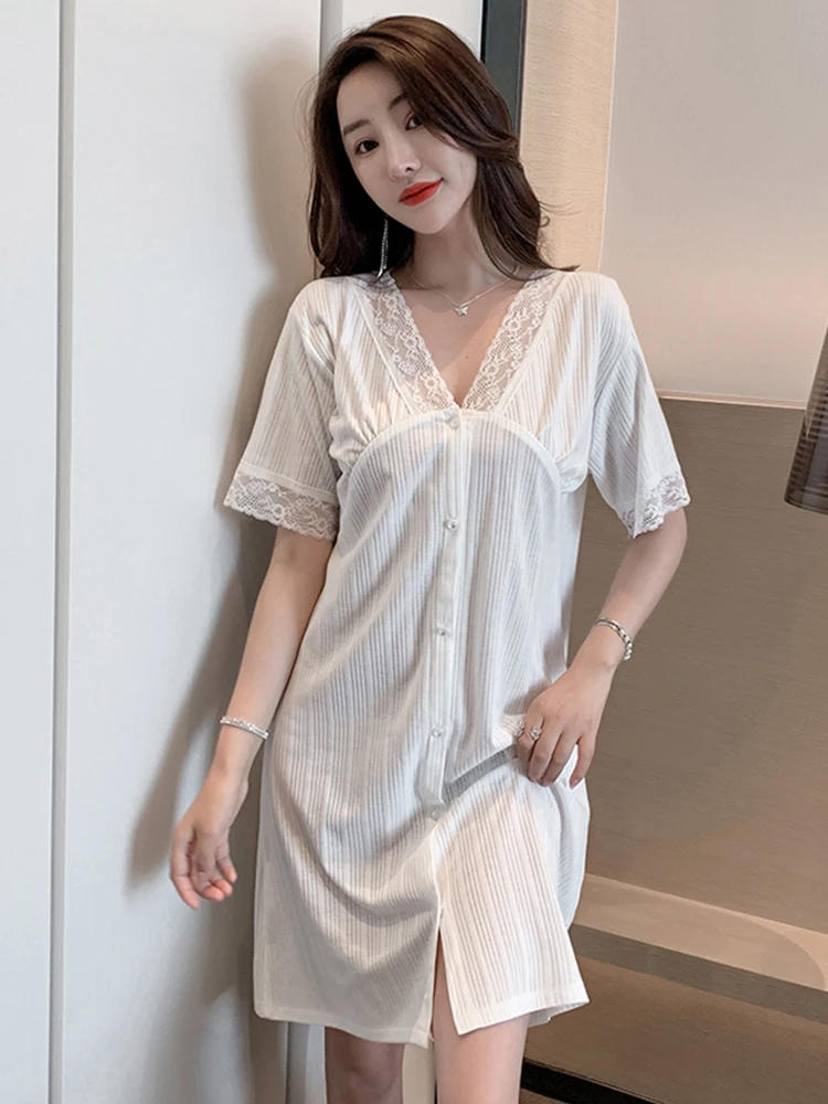 Pajamas Nightdress Women's Summer Short-Sleeved Cotton Thin New Cardigan Cute Princess Style Home Wear sleeping dress