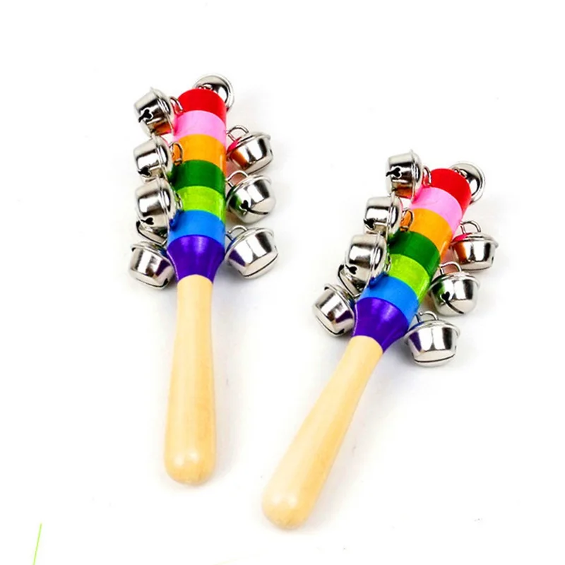 

1Pc Baby rattles Wooden Stick 10 Jingle Bells Rainbow Hand Shake Bell Rattles Baby Kids Children Educational Toy Random Color