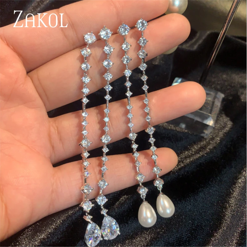 

ZAKOL Korean Fashion Teardrop Cubic Zirconia Pearl Pendant Long Tessal Dangle Earrings for Women Moom Wedding Engagement Party