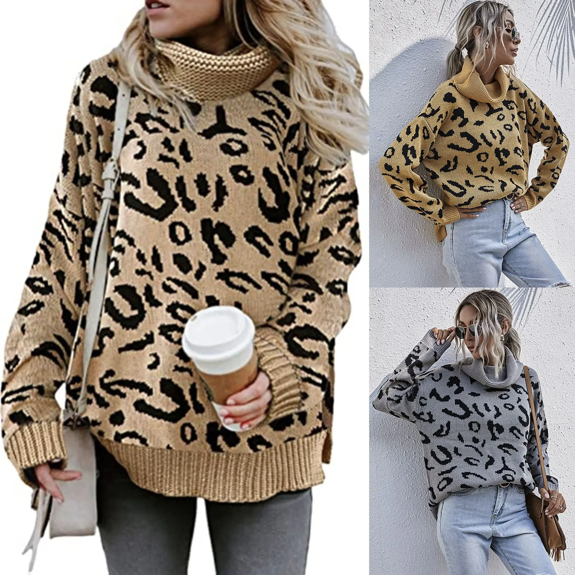 

2020 Autumn and Winter Women's European and American Casual Split Sweater Leopard Two Lapel Pullover Women