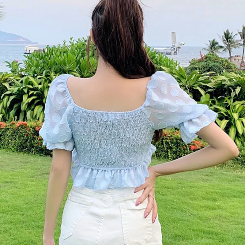 

Women Sweet Style Blouses Summer Fashion Wild Polka Dot Pattern Chiffon Tops New Sexy V Neck Short Sleeves Crop Shirts