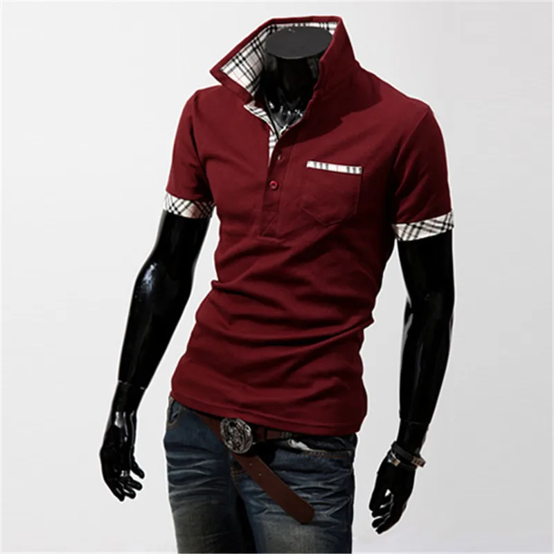 Мужская рубашка поло в клетку с цветными блоками облегающая Лоскутная одежда