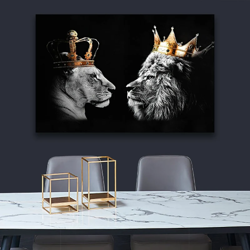 

Male Lion And Lioness Wearing Crown Black And White Wildlife Pictures Print Living Room Home Wall Art Decoration Canvas Poster