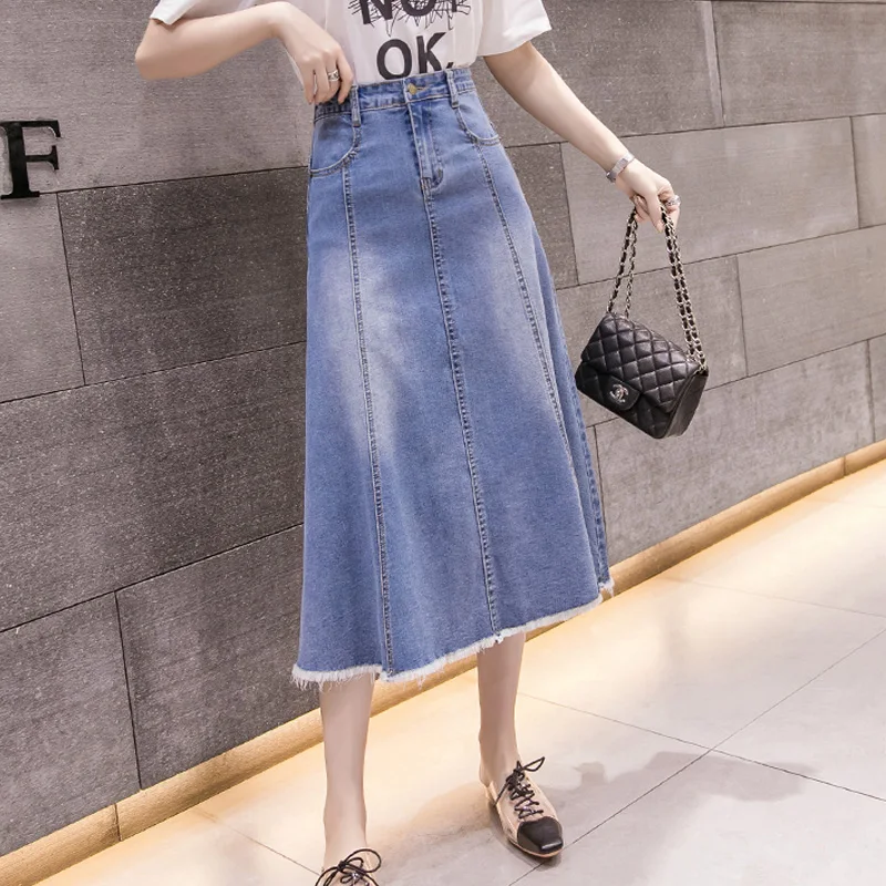 

Women Retro Chic Swing High Waist Vertical Strip Slim Jean Skirts Summer Spring Fashion Mid Long Denim Skirt A-line Streetwear