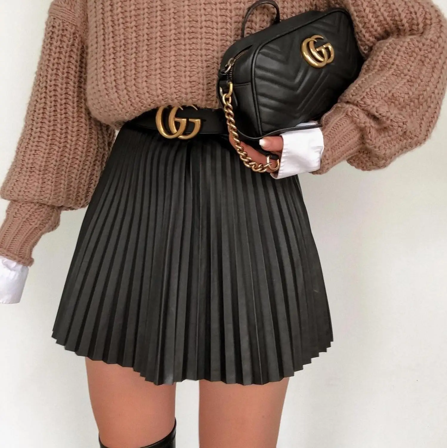 

Moda preto outono inverno feminino falso saia curta a linha de rua alta sexy mini saia de cintura alta saia de couro plissado