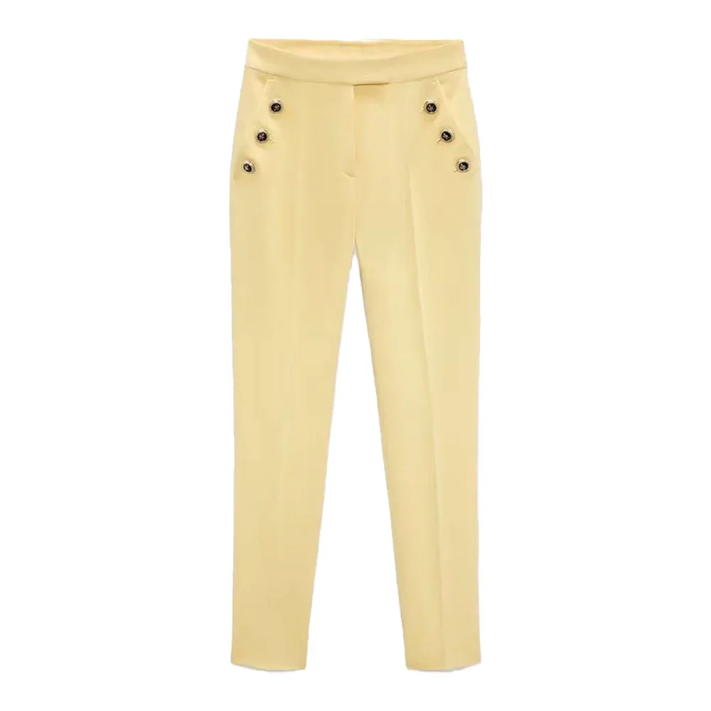 

Za 2021 Women Summer New Fashion Tricolor Button Decoration Straight Pants Vintage High Waist Zipper Fly Female Trousers Mujer