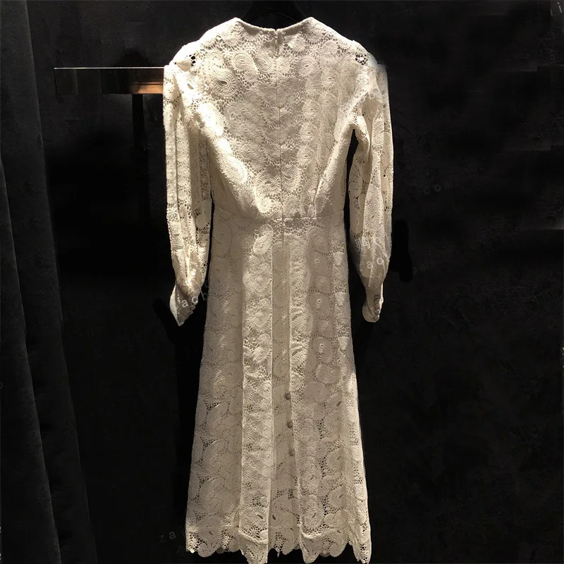 

Women Dress Elegant Puff Sleeve V-Neck Single Breasted All-match Long Sleeve Dress