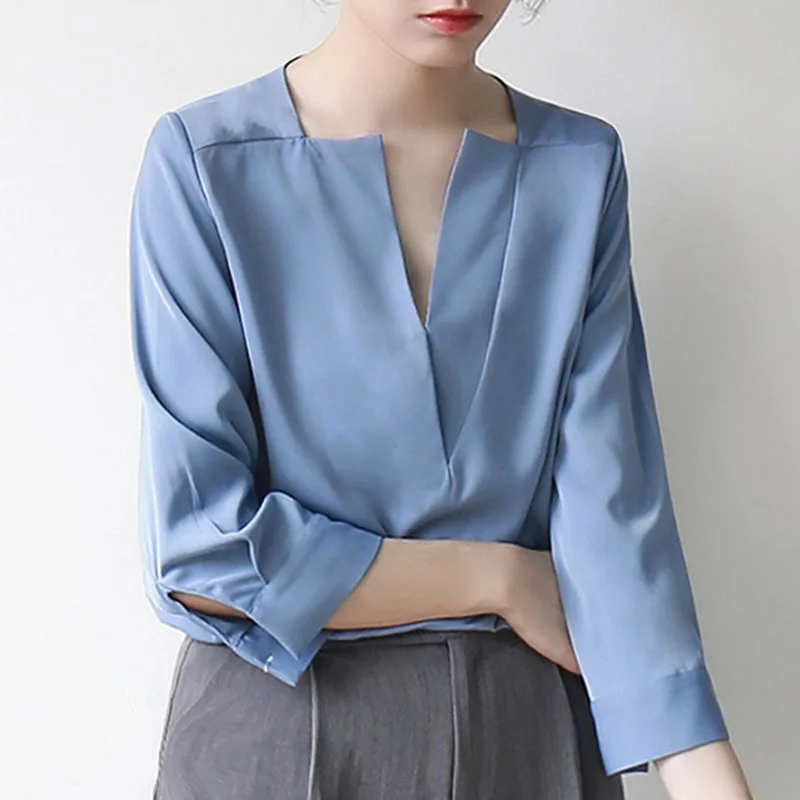 HG V шеи Блузка женская темно-синяя семь четвертей рукав Мода Простой Досуг