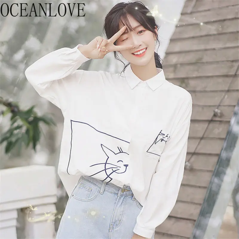OCEANLOVE милые женские блузки с мультяшным принтом весна 2020 Белые Повседневные