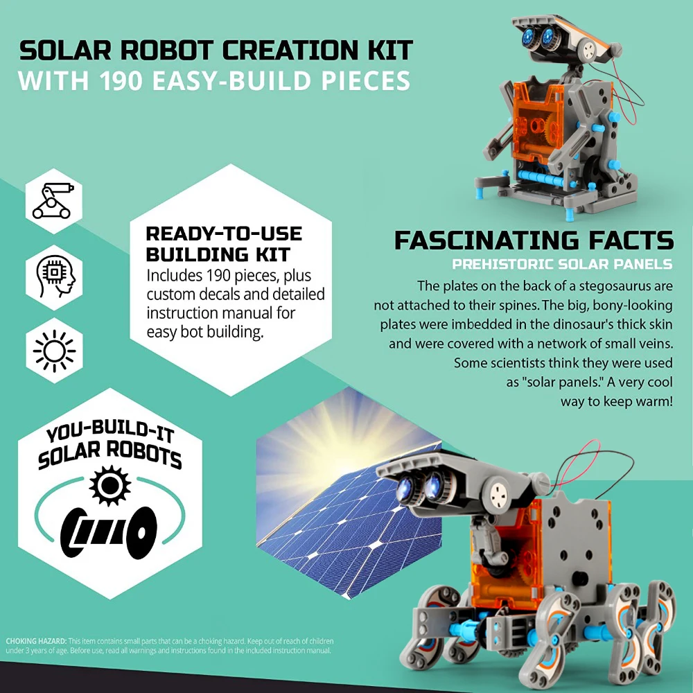 

Kids STEM 12-in-1 Solar Robot Creation 190-Piece Kit with Working Solar Powered Motorized Engine and Gears