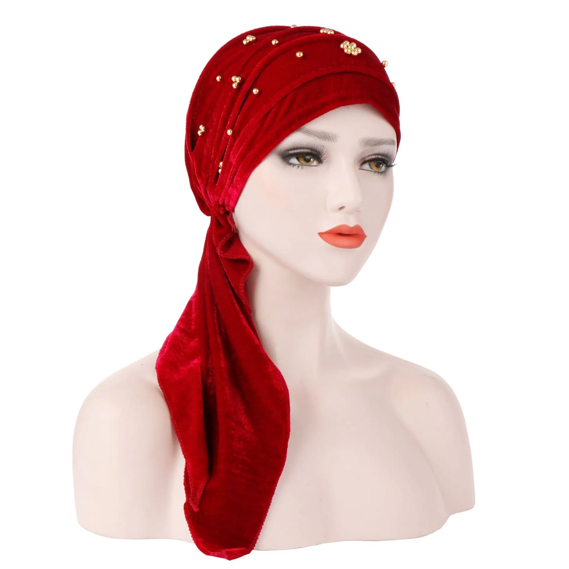 

new solid-color pleated large tail Muslim turban hat gold nail beaded Korean velvet bag head cap