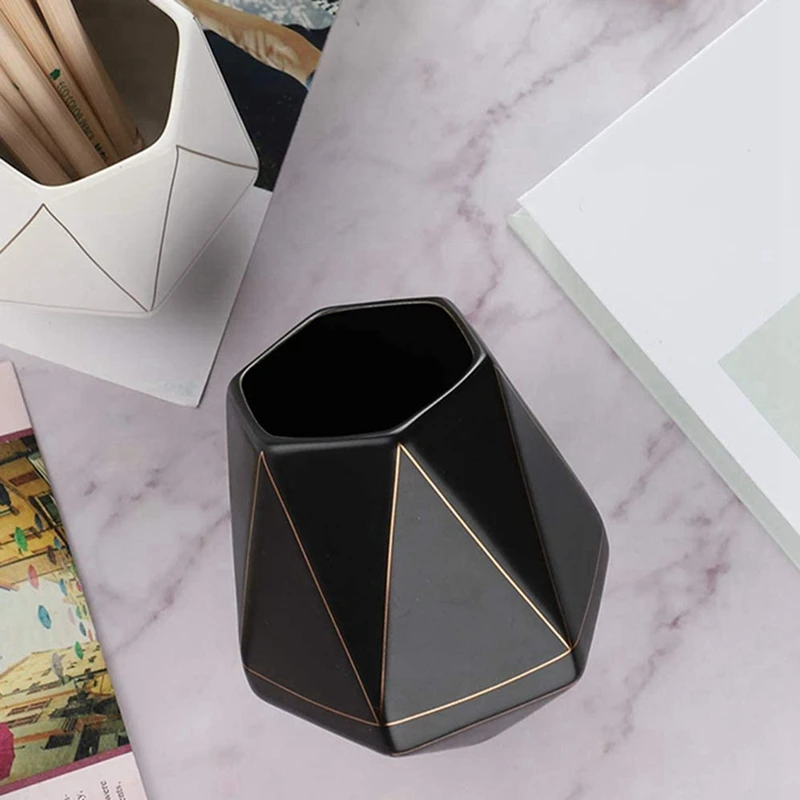 

Pencil Holder Organizer,Special Polyhedron Golden Pattern Ceramic Pen Holder [Pen Cup] [Makeup Brush Holder]