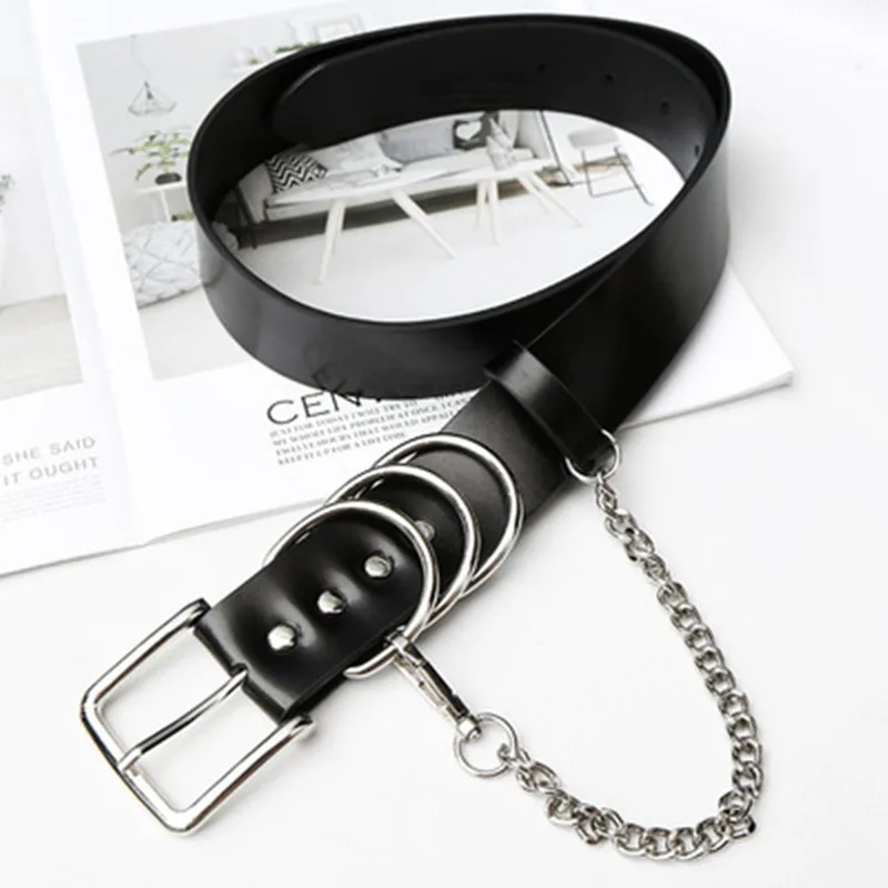 Johnature 2023 New Streetwear Fashion Metal Button Chain Belts For Women All Match Black Split Leather Belt