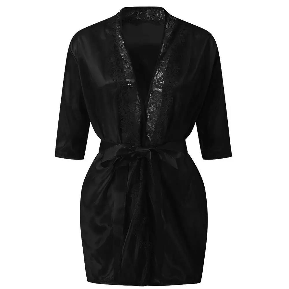 Женский атласный кружевной халат Однотонная ночная рубашка с коротким рукавом