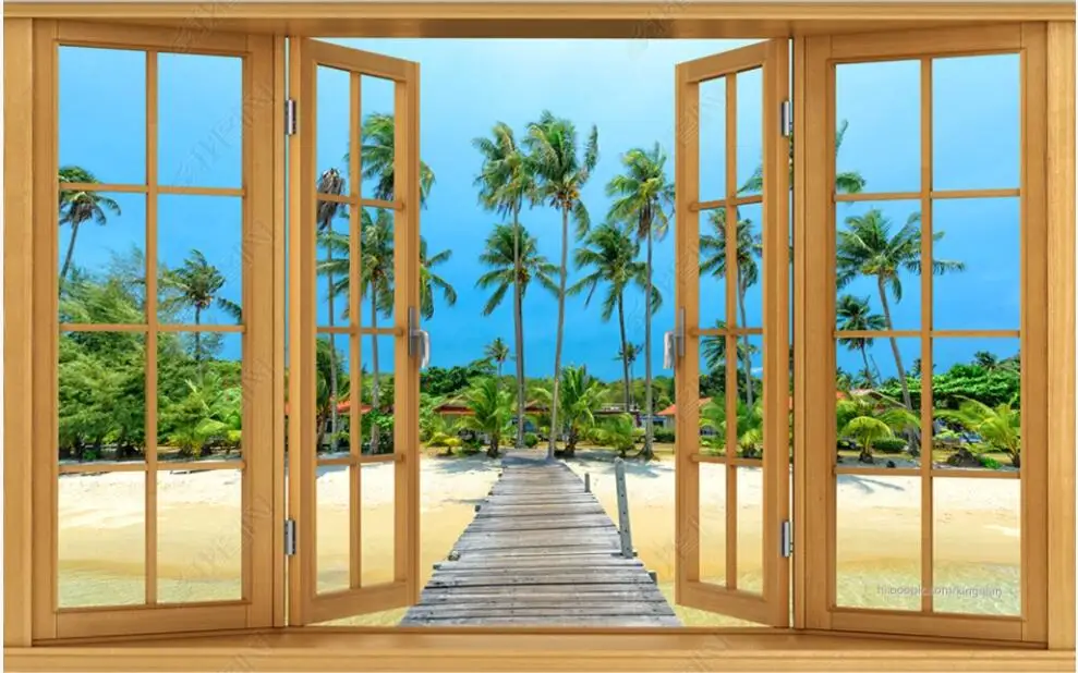 

3d wallpaper with custom photo mural floor-to-ceiling windows beach coconut grove sea view luxury 3d photo wallpaper on the wall