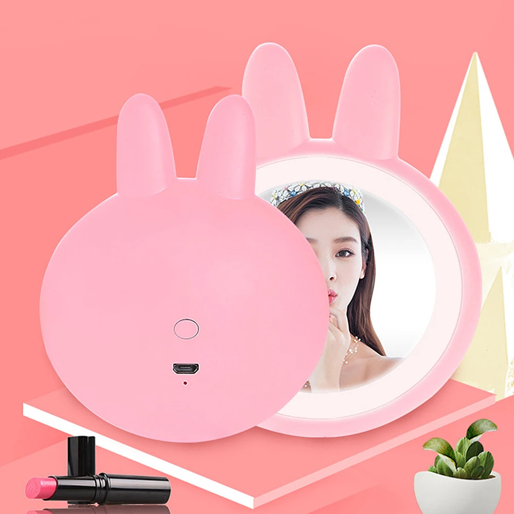 LED Makeup Mirror Mini Round Cute Pocket USB Rechargeable Lighting Small Travel Compact Cosmetic Portable |