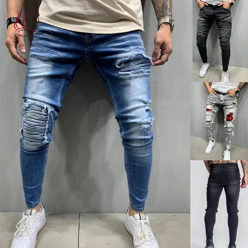 4 colors pair of jeans men's ripped laminated men's skinny ripped men's punk hip-hop pants straight leg jeans American clothing