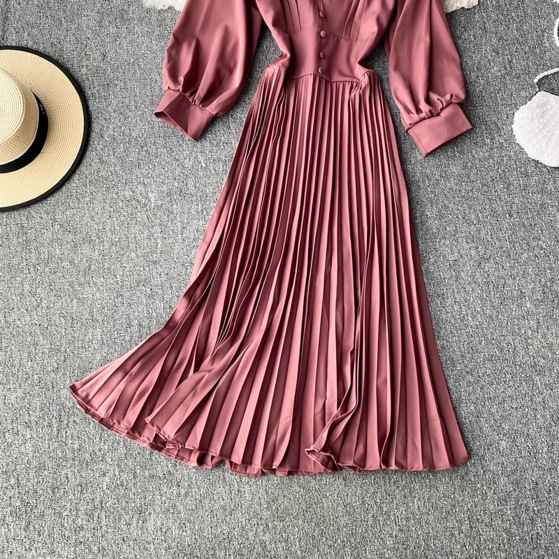 

Autumn Vintage V-Neck Pleated Dress For Women Casual Long Sleeve Single Breasted Draped Dresses Female Big Swing Vestidos 2020