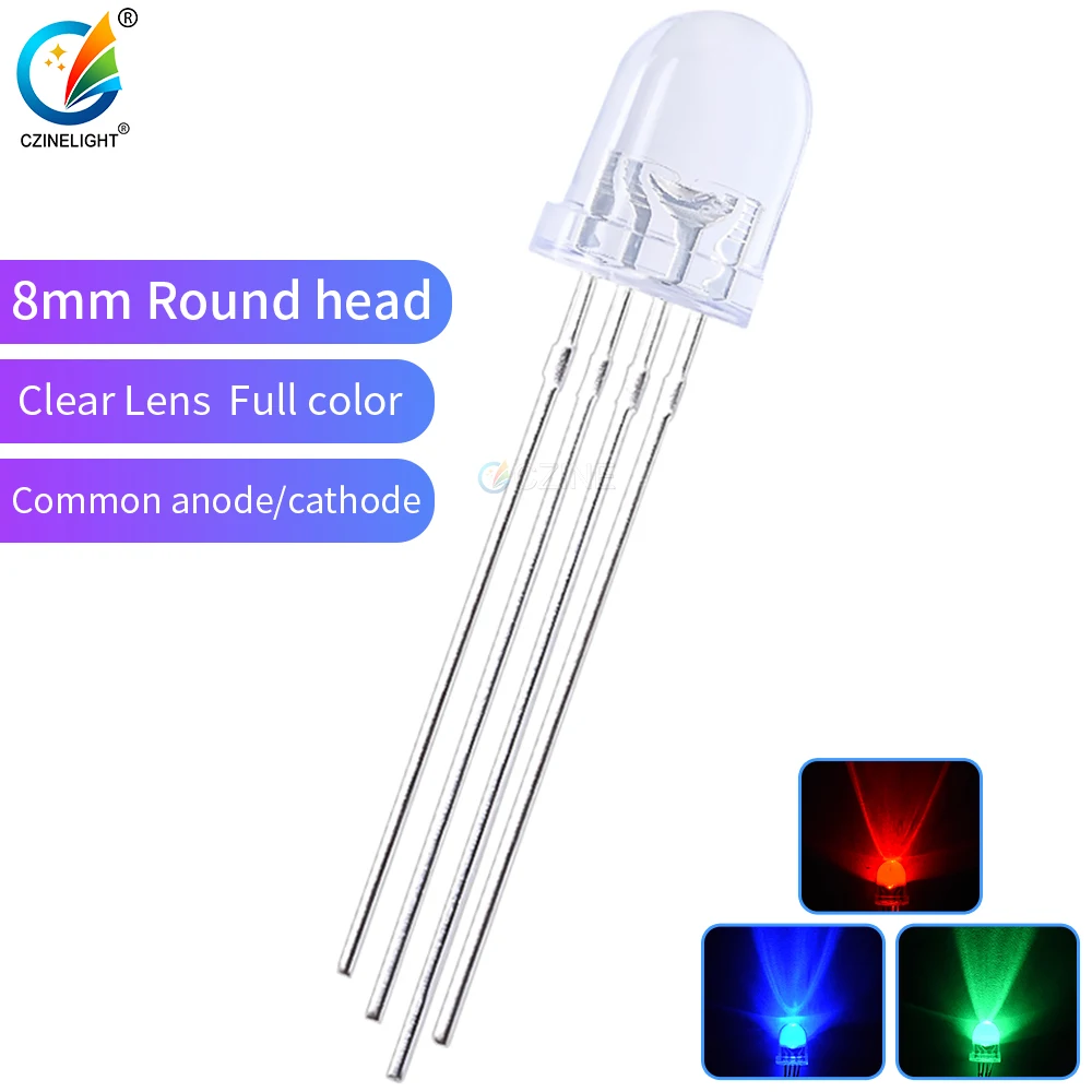 500pcs/Bag Czinelight Hot Selling Clear Lens High Bright 8mm Full Color Rgb Led Emitting Diode