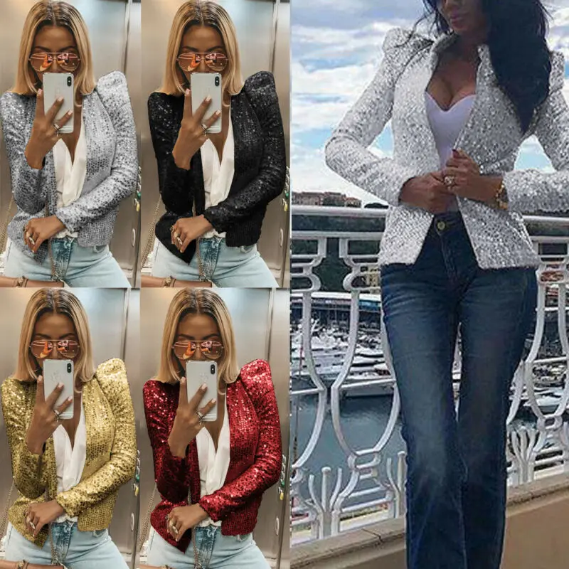 

Fashion Women's Glitter Long Sleeve Casual Jacket Ladies Sequin Suit Coat