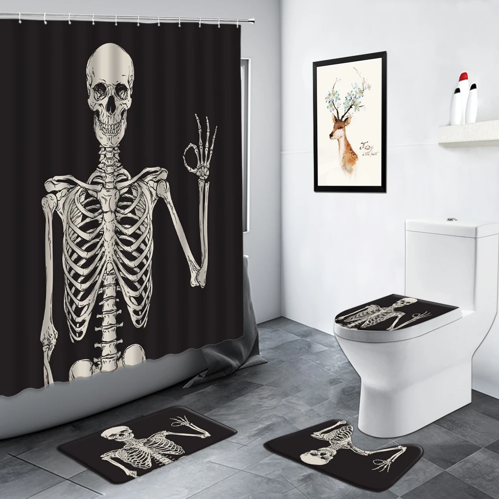 

Horror Skull Skeleton Shower Curtain Set Personality Black Backdrop Decor Bathroom Carpet Non-slip Rug Toilet Lid Cover Bath Mat