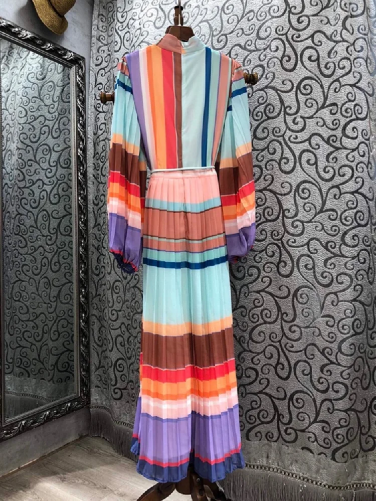 

Bohemian Long Dress 2021 Spring Summer Casual Women Rainbow Color Print Tunic Buttons Long Sleeve Pleated Dress Maxi Beach Lady