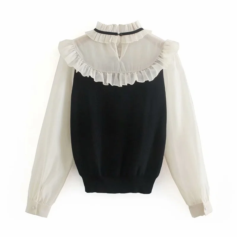 

Tied Ruffled Collar Long Sleeve Loose Blouses Semi-sheer Patchwork Knitted Pullovers 2021 Vintage Sweet Spring Femme Tops