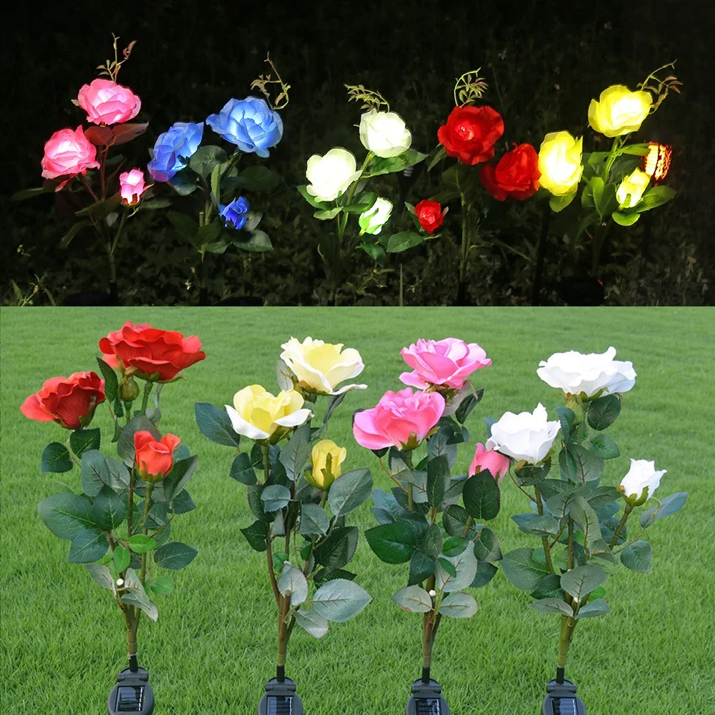 

3 LED Solar Flower Light Rose Flower with Leaf Lamp Garden Decoration Outdoor Waterproof Lawn Landscape Lamp for Courtyard Patio