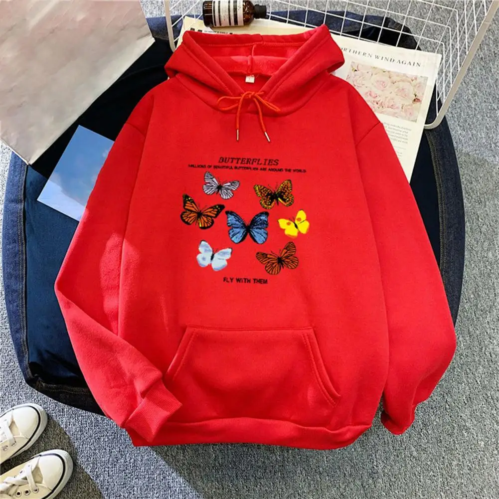 Butterflies Pattern Front Pocket Sweatshirt Cotton Blend Long Sleeve Winter Hooded for Home