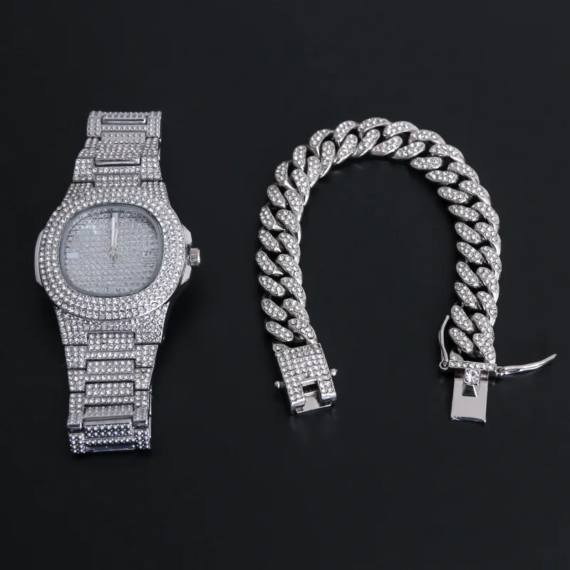 Мужские браслеты в стиле хип-хоп, украшенные кристаллами, цепочка Майами, золотого и серебряного цвета, мужские часы + браслет, роскошный хип... от AliExpress WW