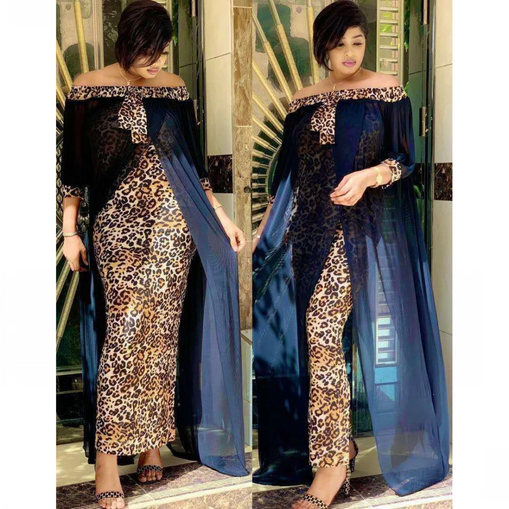 

African Dresses For Women Dashiki Fashion Loose Leopard Maxi Long Split Gown Leisure Outdoor Patchwork Strapless Sexy Dress