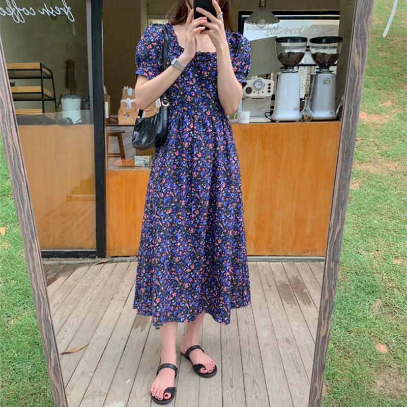 Женское платье с коротким рукавом Hzirip длинное квадратным вырезом и цветочным