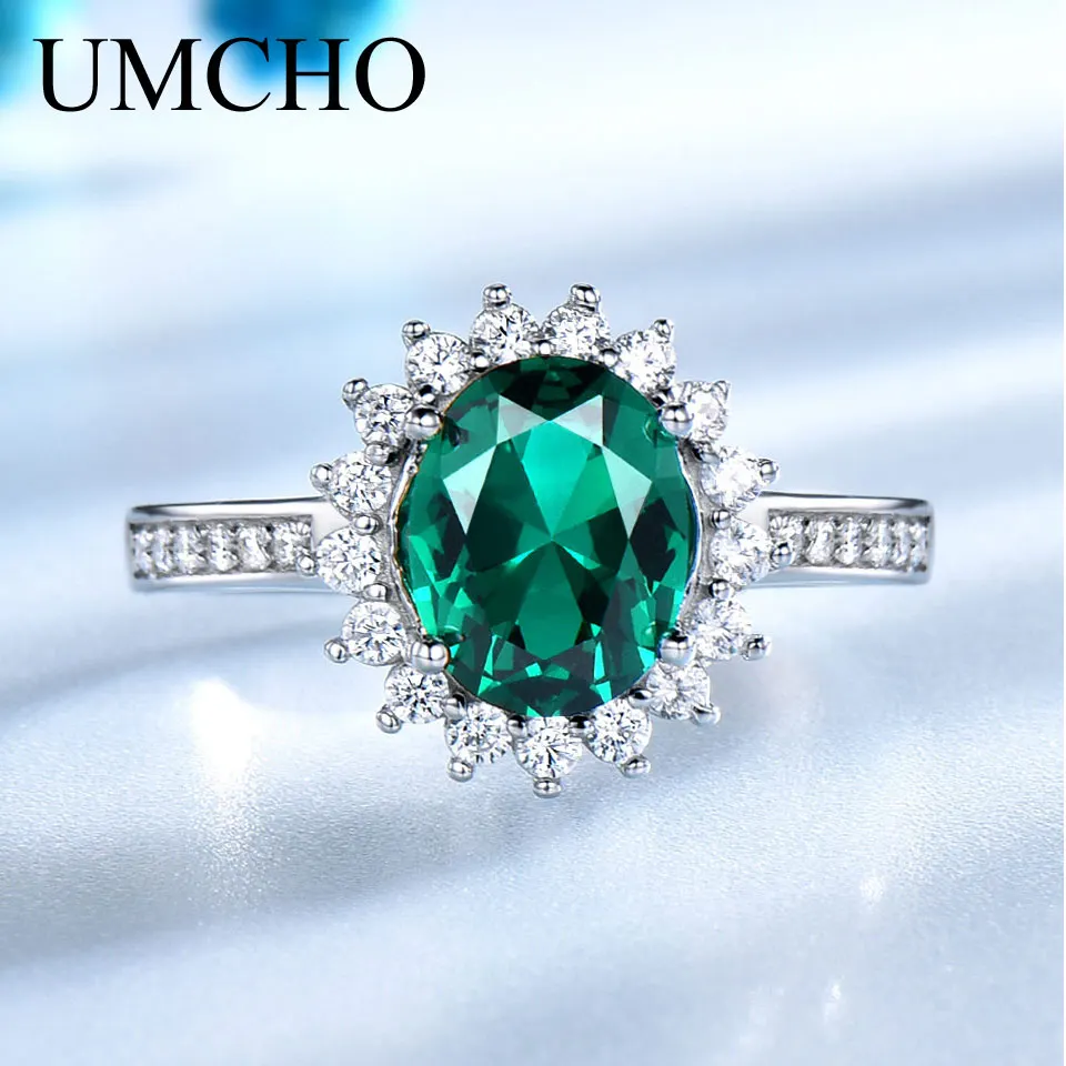 UMCHO Green создан нано изумруд Настоящее 925 пробы Серебряное Винтажное кольцо с камнем для женщин Серебряное обручальное Брендовое ювелирное изделие