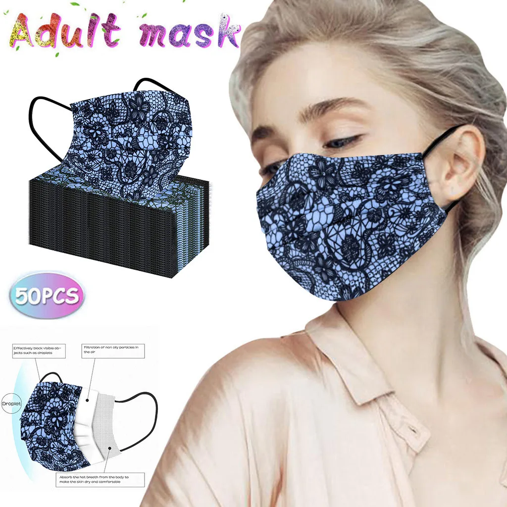 Masque 50 шт. взрослых Модное кружевное одноразовая защита три Слои дышащая уход за