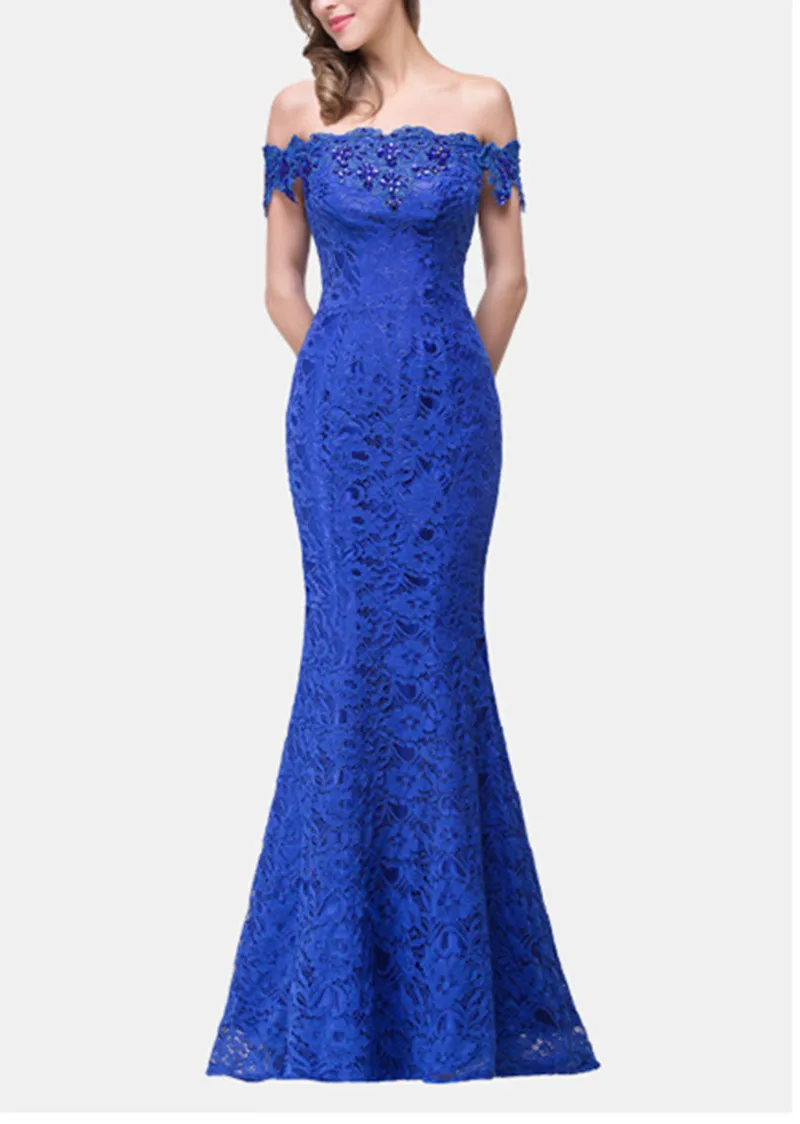 

Mermaid Evening Dresses Crystal Lace Appliques Elegant Off Shoulder Sleeveless Lace Up Long Women Party Prom Gown