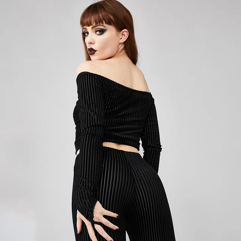 JIEZuoFang New Goth Off Shoulder Sexy Long Sleeve Crop Top Women Gothic Streetwear Black Straip Transparent Female Tops | Женская одежда