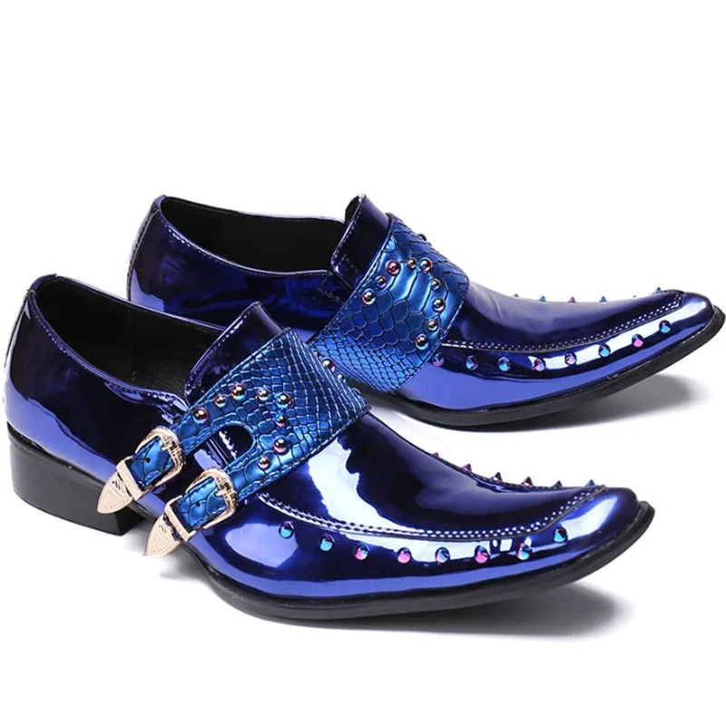 

Mikishyda Luxury Patent Leather Men Oxford Shoes Square Toe Multicolor Rivets Men Dress Shoes Wedding Formal Brogue Shoes