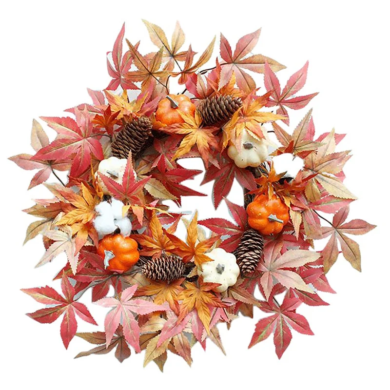

Fall Wreath Autumn Artificial Pumpkin Cotton Pine Cone Maple Leaves Harvest Wreath for Front Door Thanksgiving Decor