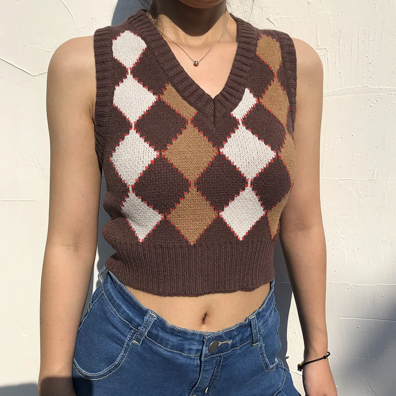 

90s Vintage Cropped Sweater Vest Women Autumn Sleeveless Knit Pullover Y2K Preppy Style Casual Brown Plaid Knitwear Streetwear